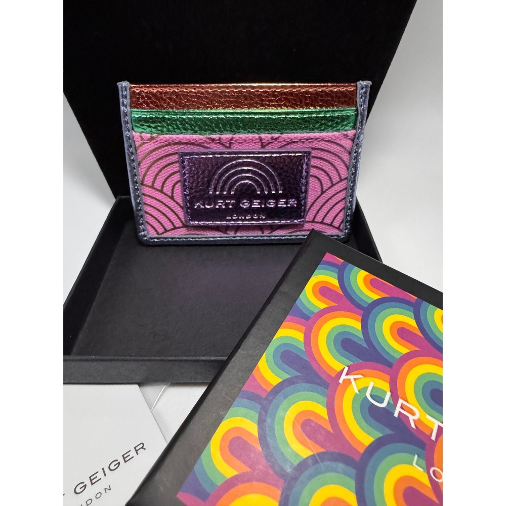 Kurt Geiger London Card Holder Metallic Rainbow Leather Pink Fabric Wallet NWT - Picture 3 of 5